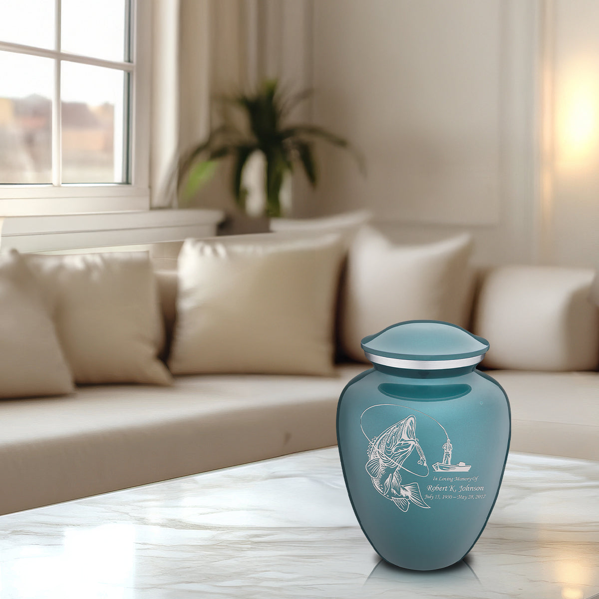 Medium Embrace Teal Fishing Cremation Urn