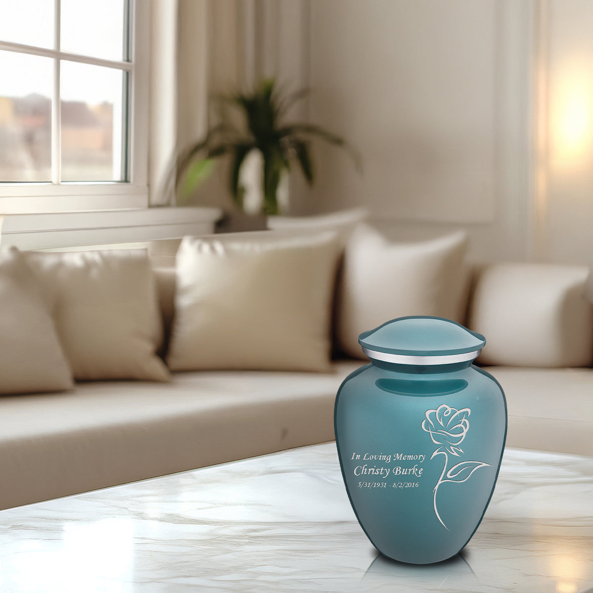 Medium Embrace Teal Rose Cremation Urn