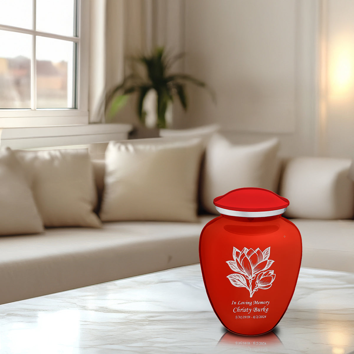 Medium Embrace Bright Red Magnolia Flower Cremation Urn