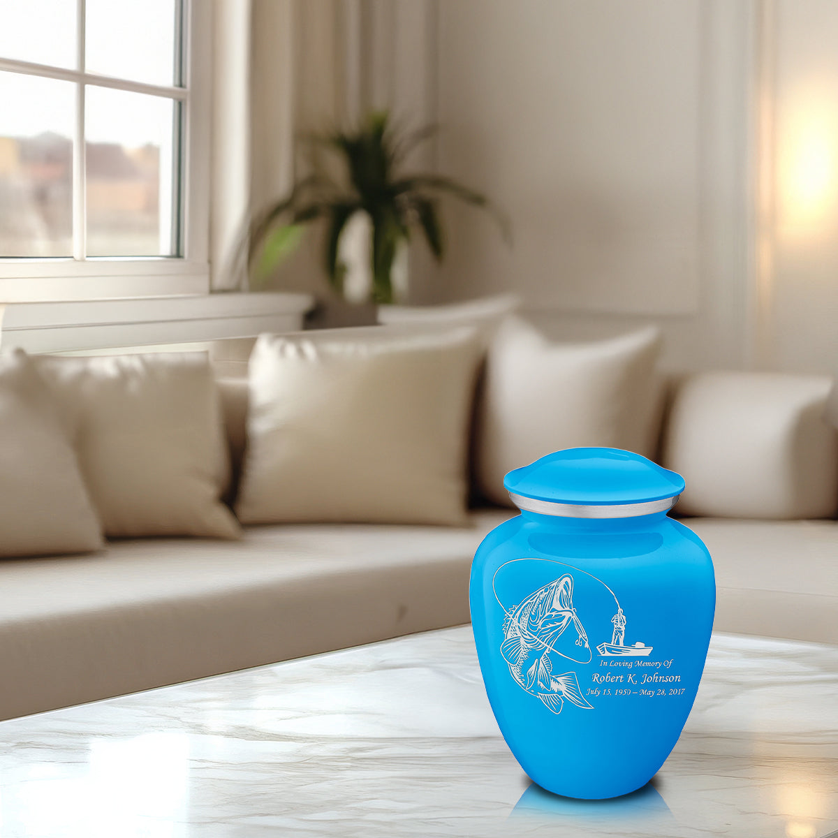 Medium Embrace Racing Blue Fishing Cremation Urn
