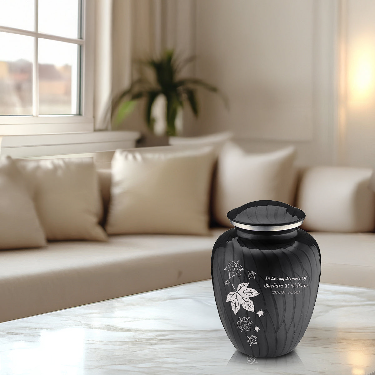 Medium Embrace Pearl Black Falling Leaves Cremation Urn