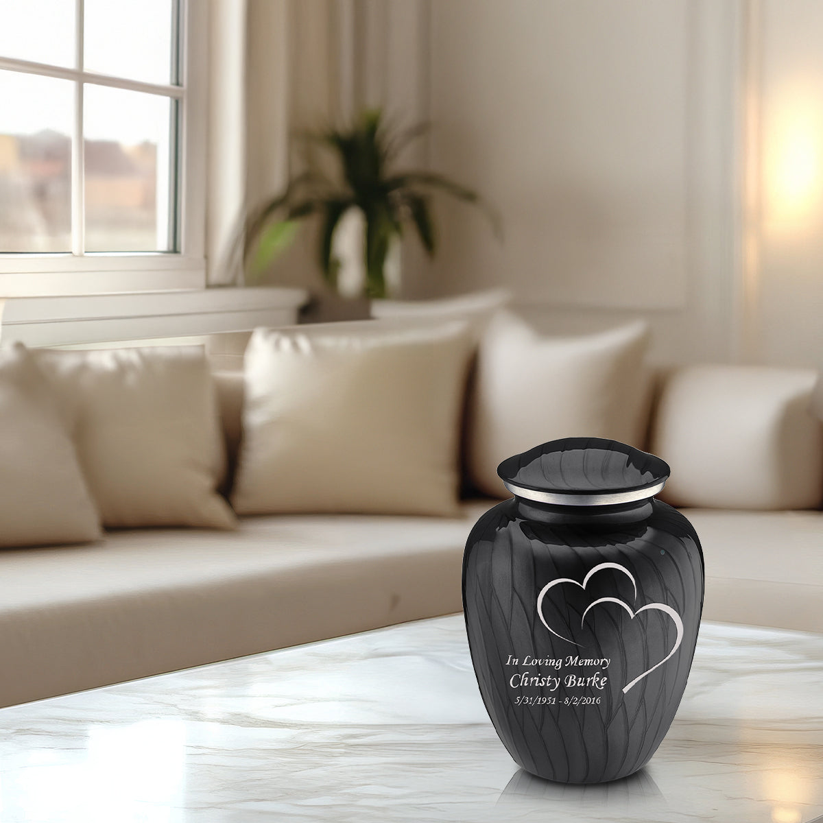 Medium Embrace Pearl Black Hearts Cremation Urn