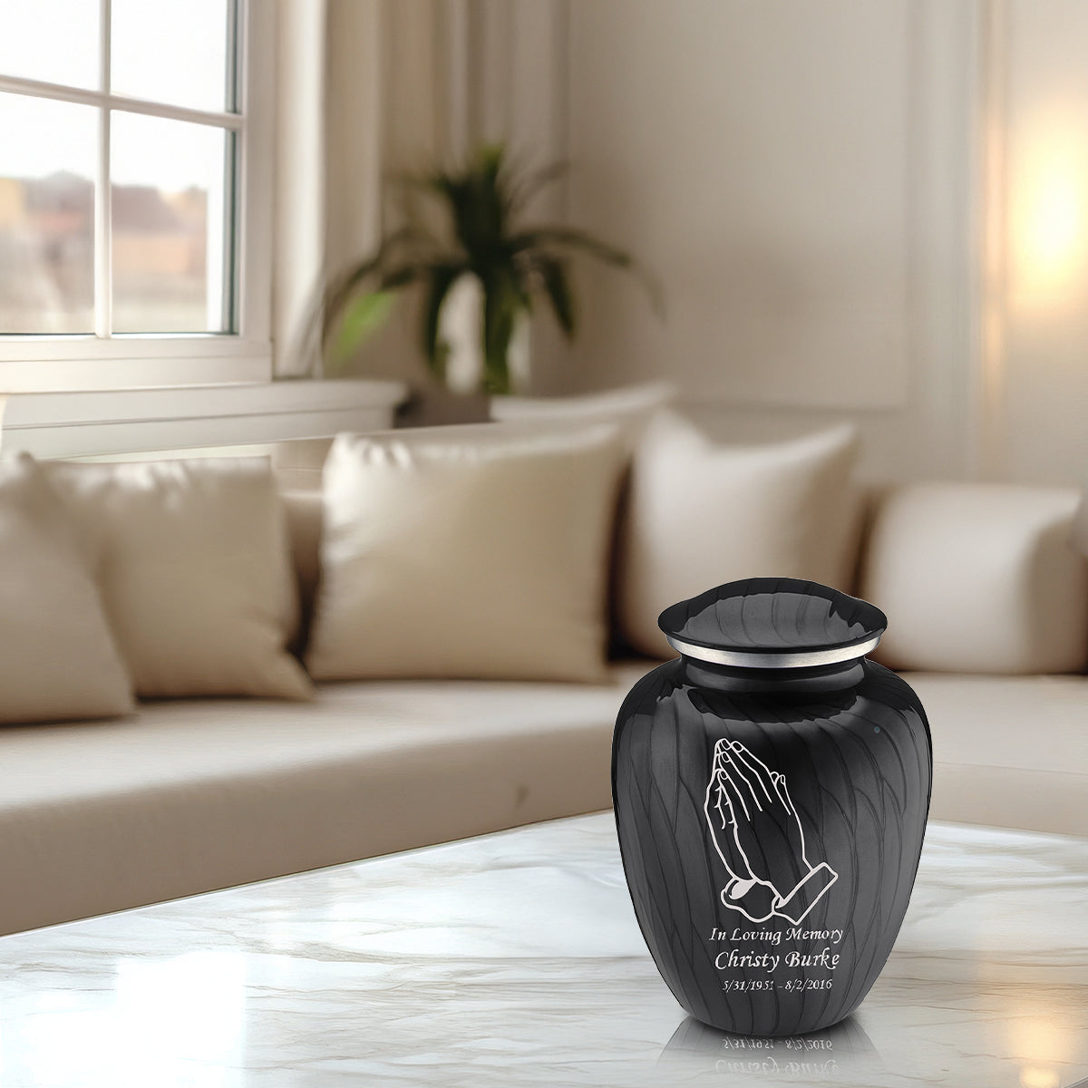 Medium Embrace Pearl Black Praying Hands Cremation Urn