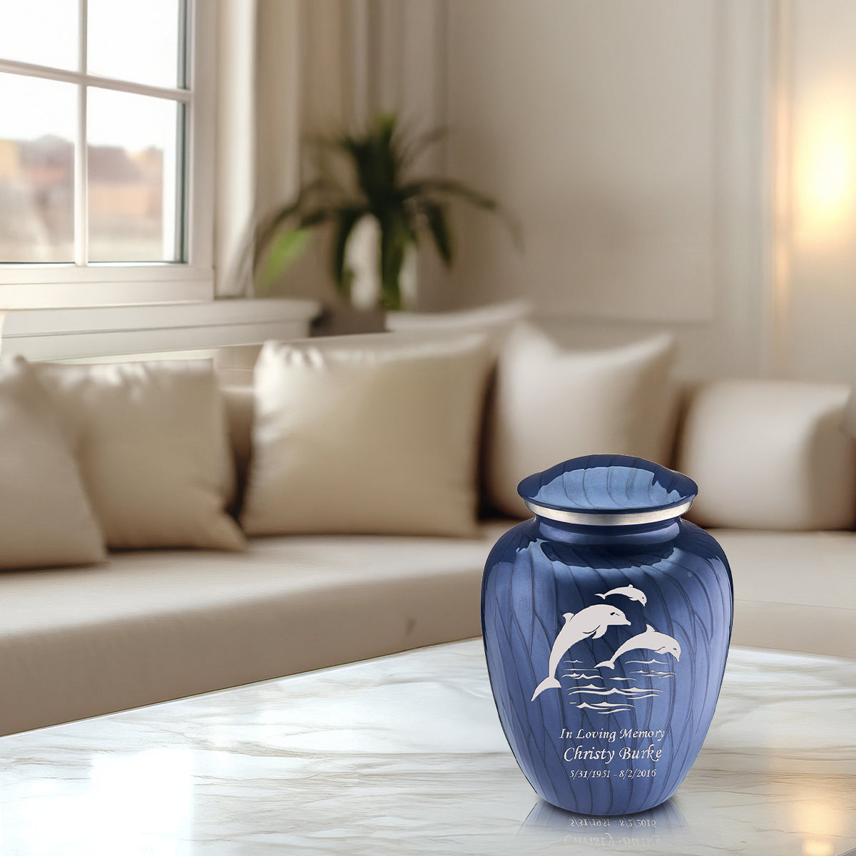 Medium Embrace Pearl Cobalt Blue Dolphins Cremation Urn
