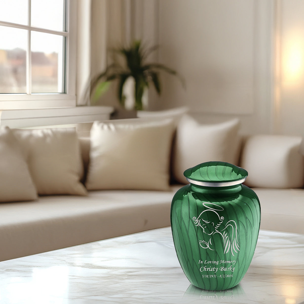Medium Embrace Pearl Green Angel Cremation Urn