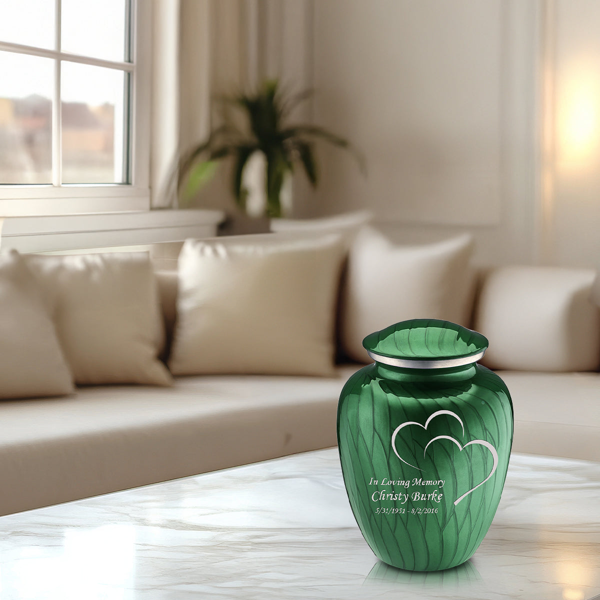 Medium Embrace Pearl Green Hearts Cremation Urn