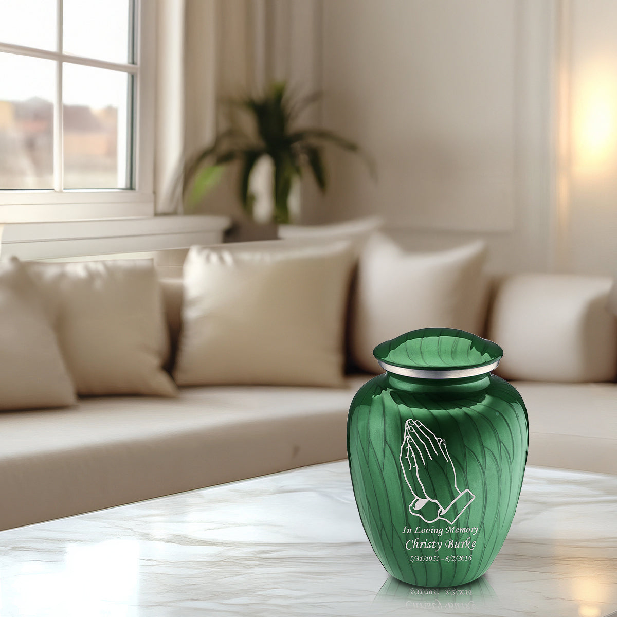 Medium Embrace Pearl Green Praying Hands Cremation Urn