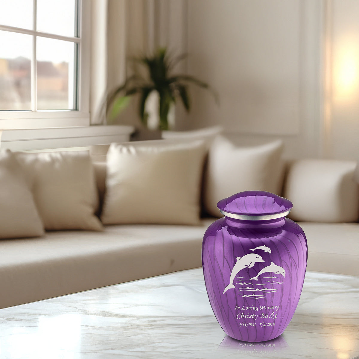 Medium Embrace Pearl Purple Dolphins Cremation Urn