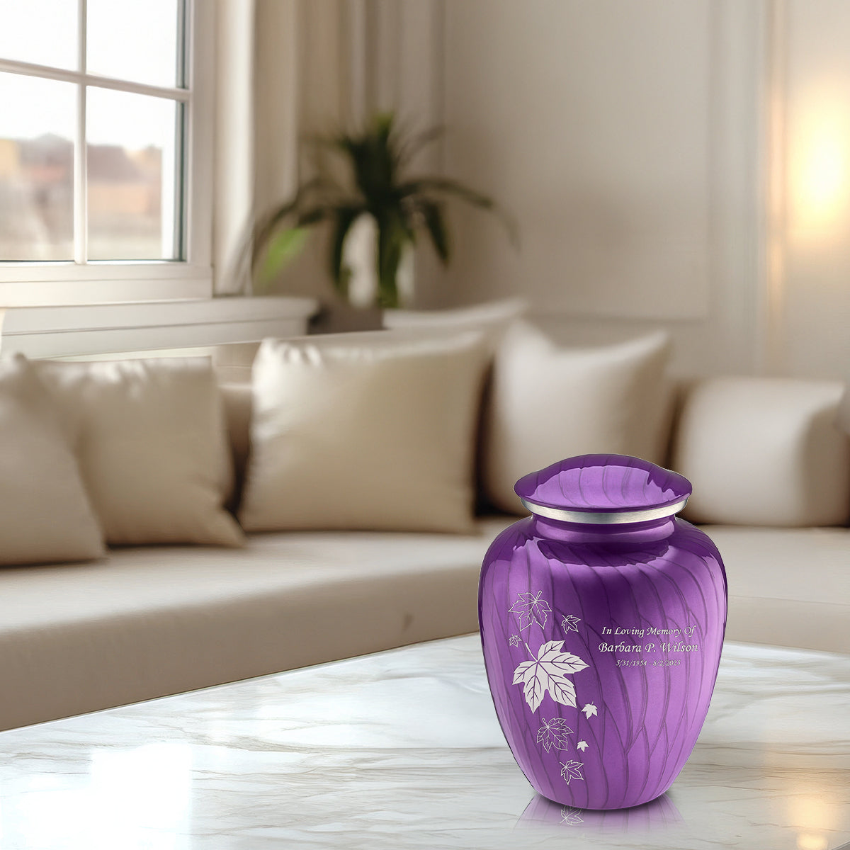 Medium Embrace Pearl Purple Falling Leaves Cremation Urn