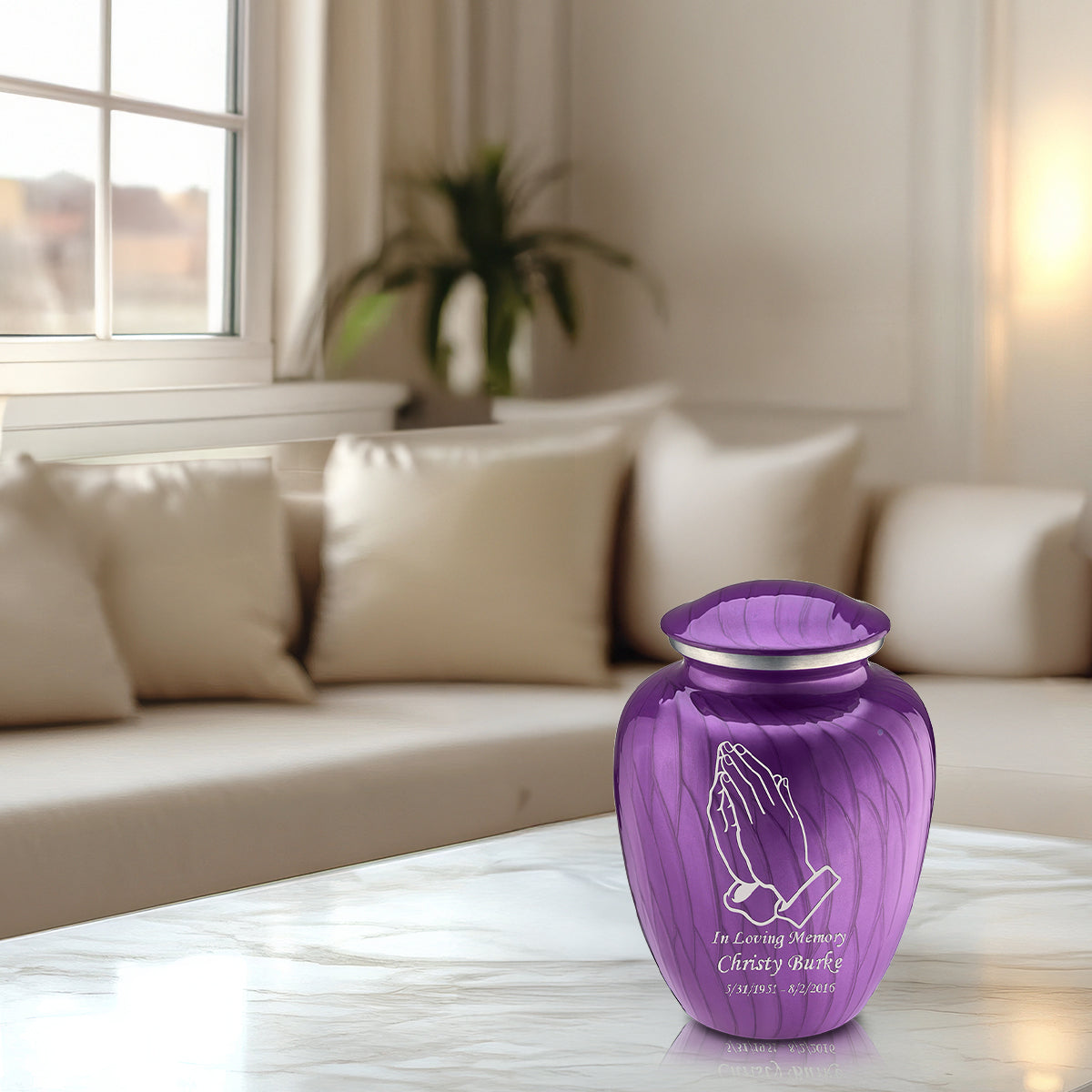 Medium Embrace Pearl Purple Praying Hands Cremation Urn