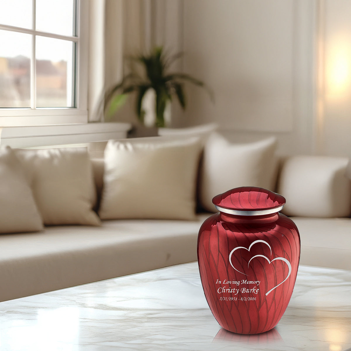 Medium Embrace Pearl Candy Red Hearts Cremation Urn