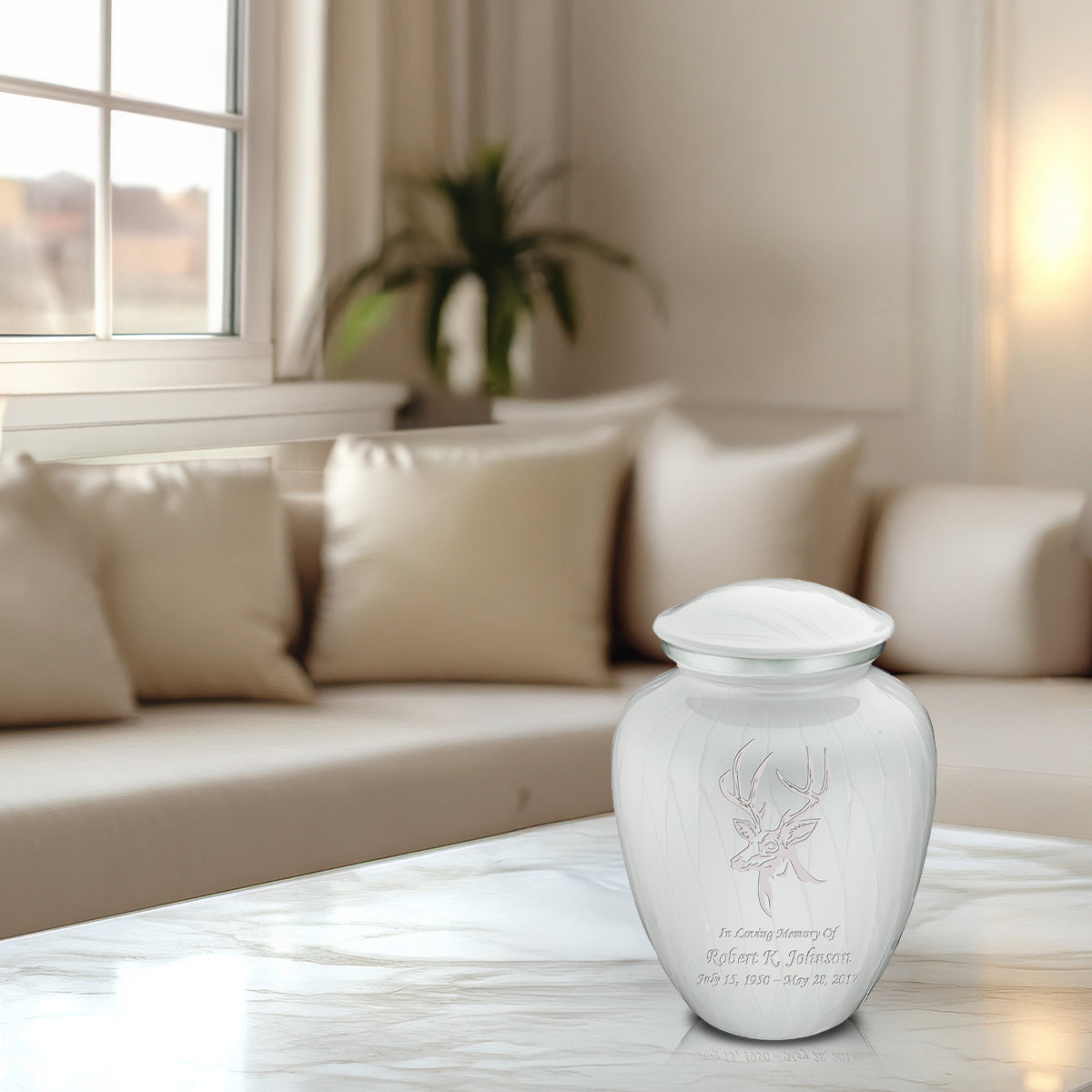Medium Embrace Pearl White Deer Cremation Urn