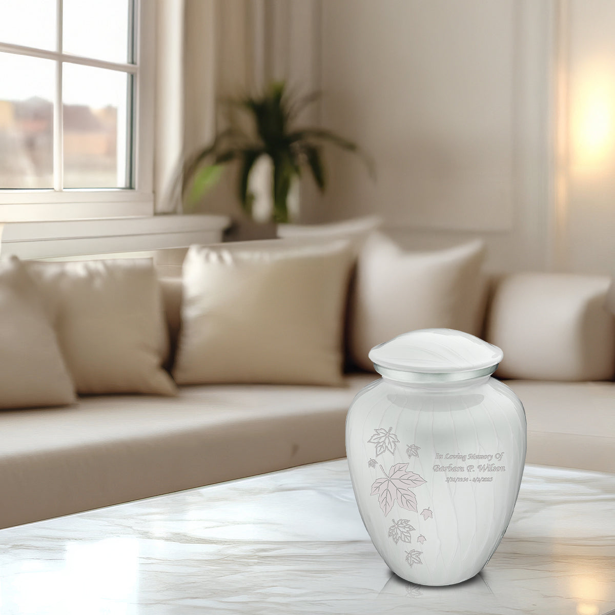 Medium Embrace Pearl White Falling Leaves Cremation Urn