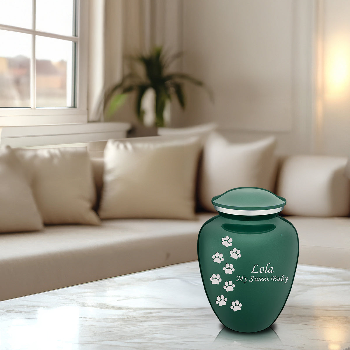 Medium Embrace Green Walking Paws Pet Cremation Urn