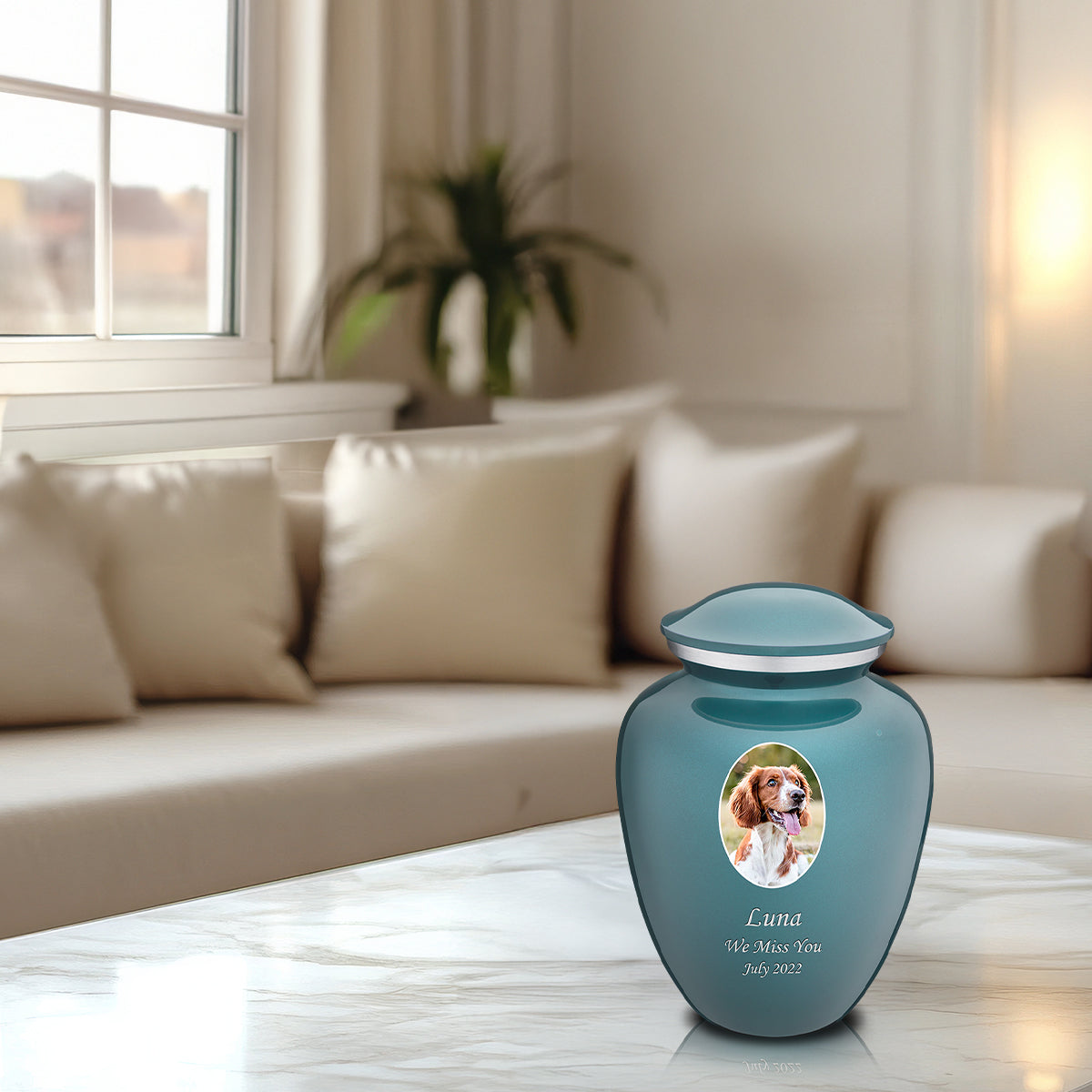 Medium Pet Embrace Teal Portrait Cremation Urn