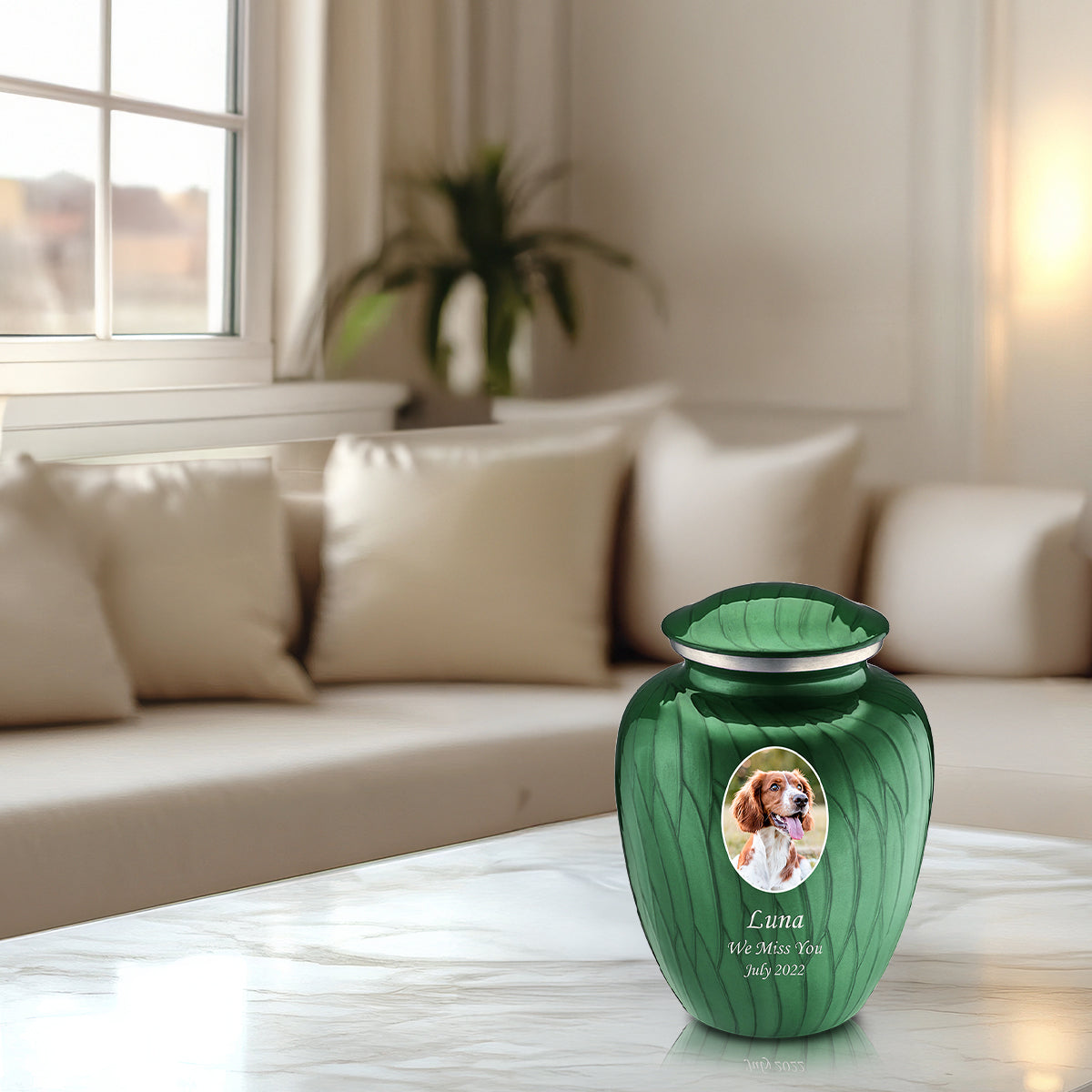 Medium Pet Embrace Pearl Green Portrait Cremation Urn