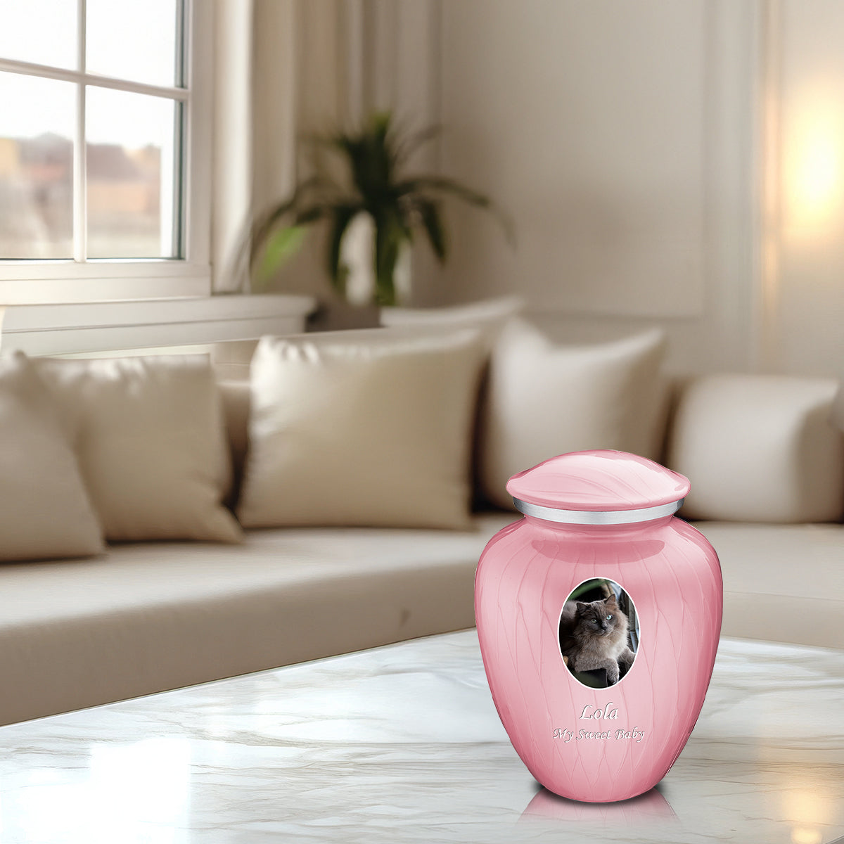 Medium Pet Embrace Pearl Pink Portrait Cremation Urn