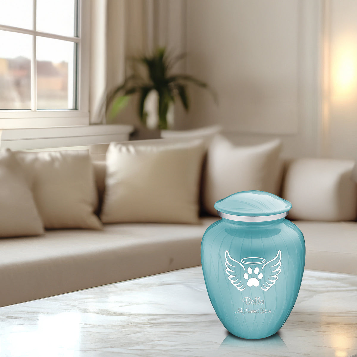 Medium Embrace Pearl Light Blue Pet Angel Wings Cremation Urn