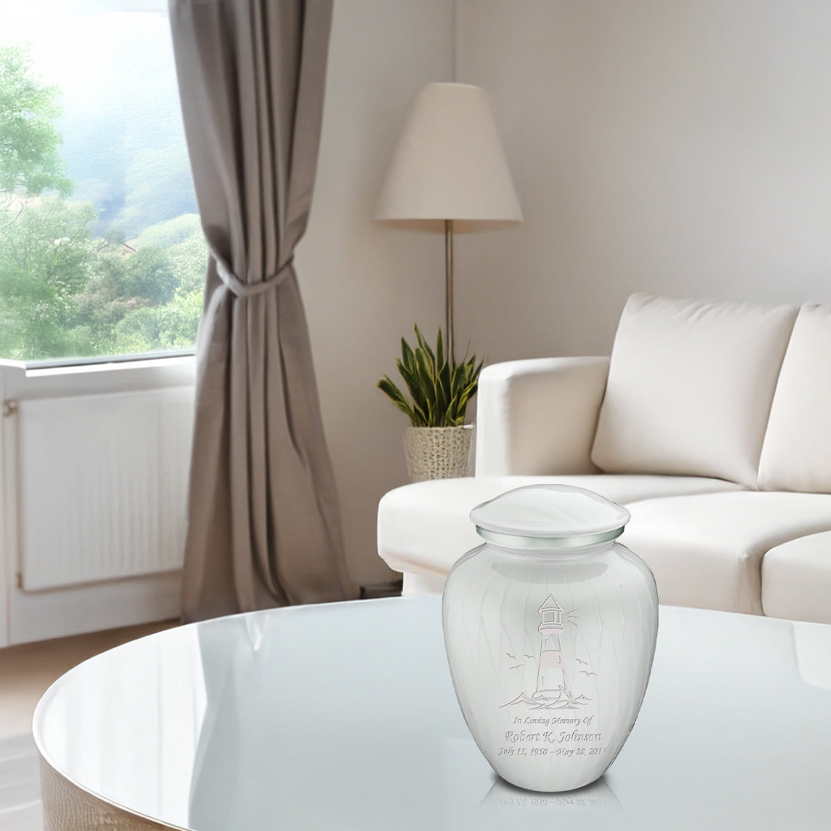 Medium Embrace Pearl White Lighthouse Cremation Urn