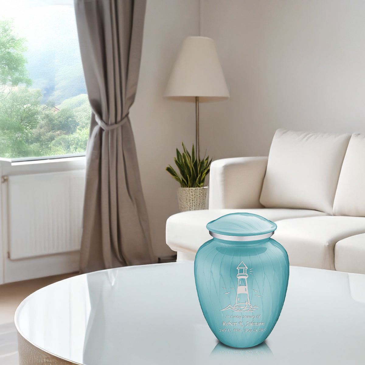 Medium Embrace Pearl Light Blue Lighthouse Cremation Urn
