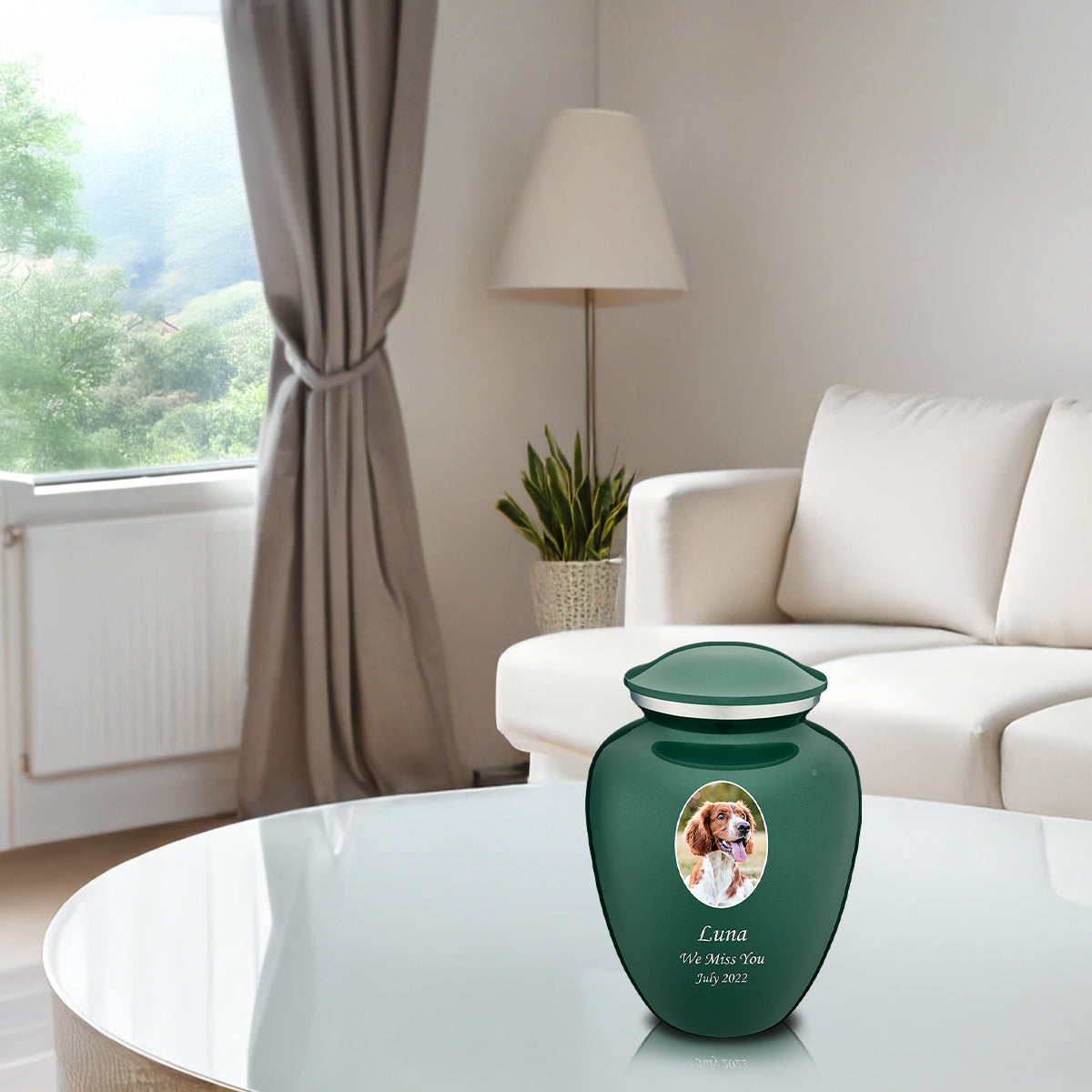 Medium Pet Embrace Green Portrait Cremation Urn