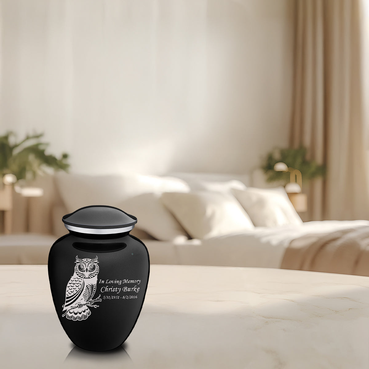 Medium Embrace Black Owl Cremation Urn