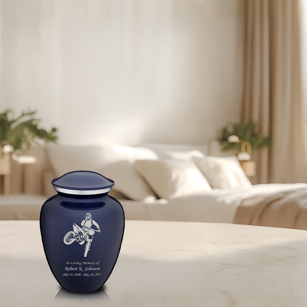 Medium Embrace Cobalt Blue Dirt Bike Cremation Urn
