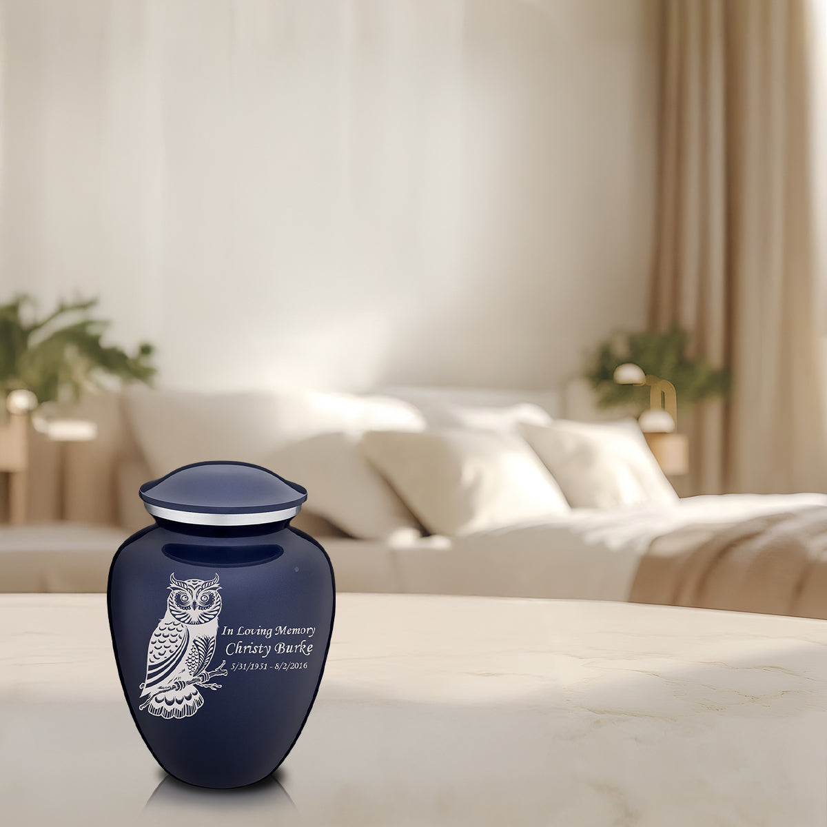Medium Embrace Cobalt Blue Owl Cremation Urn