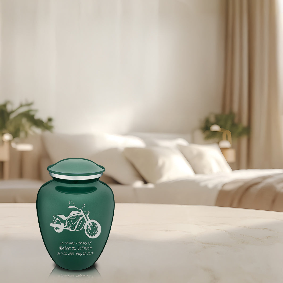Medium Embrace Green Motorcycle Cremation Urn