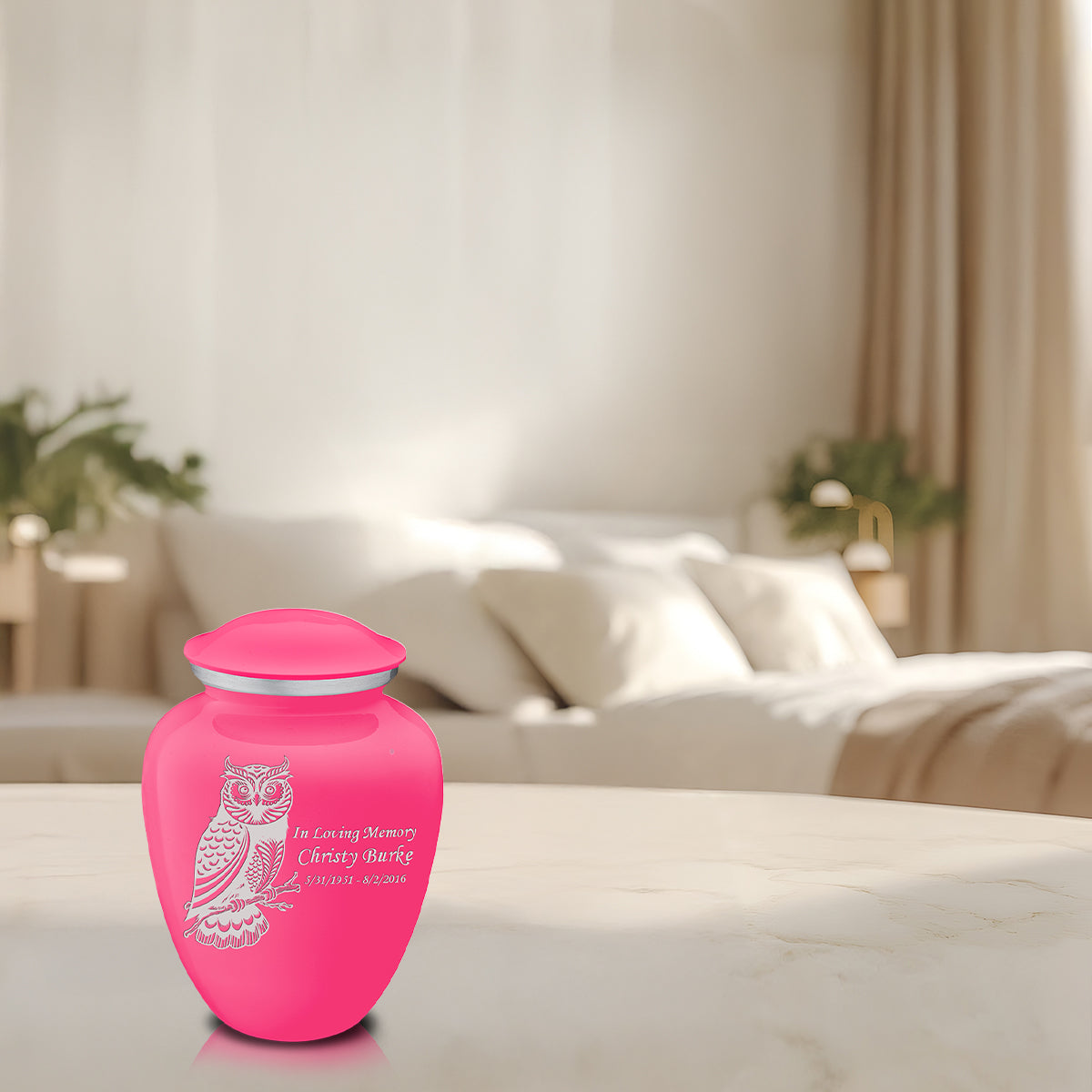 Medium Embrace Bright Pink Owl Cremation Urn