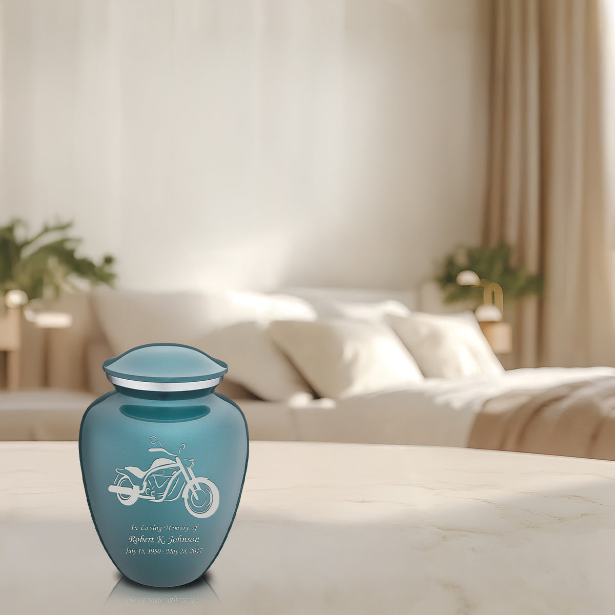 Medium Embrace Teal Motorcycle Cremation Urn