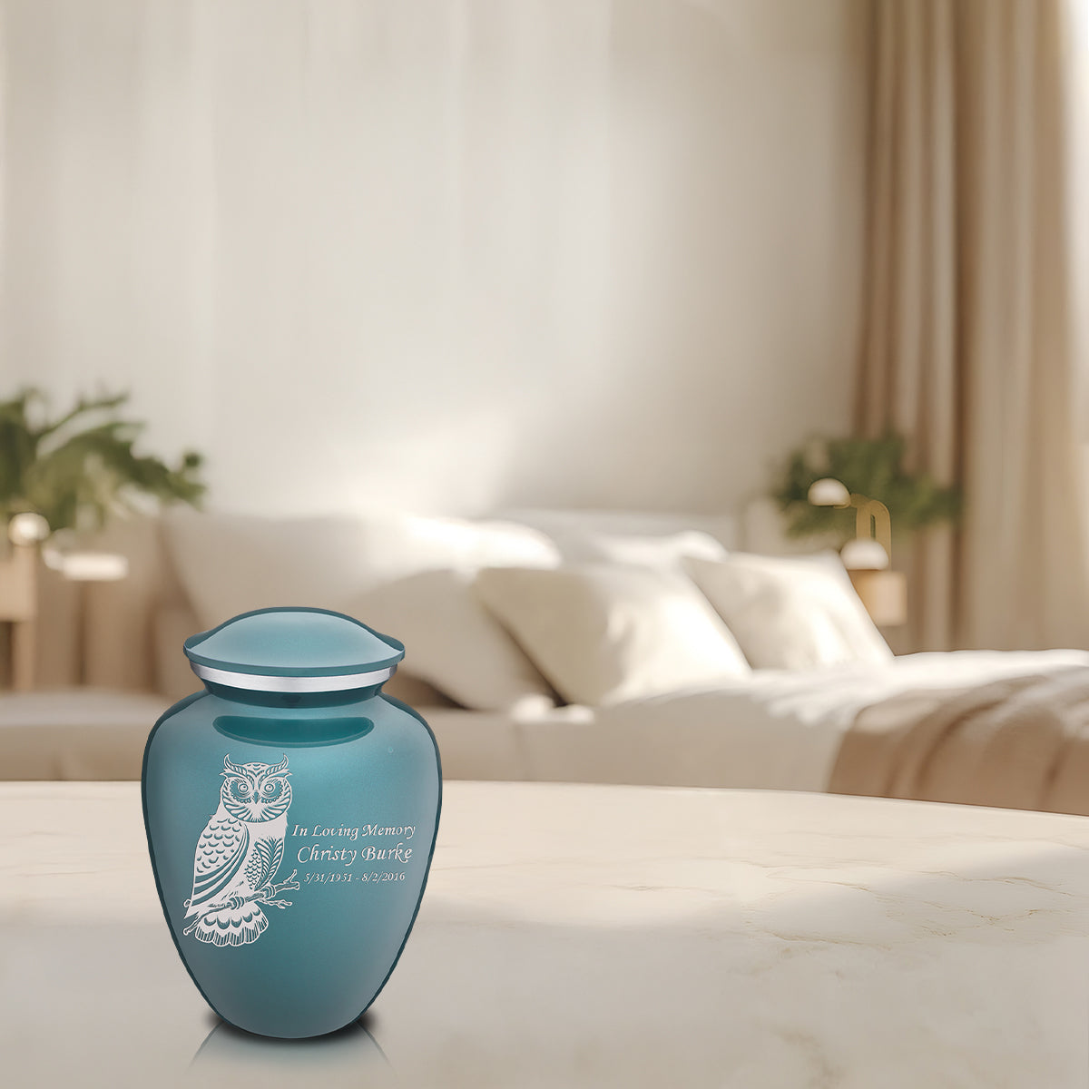 Medium Embrace Teal Owl Cremation Urn