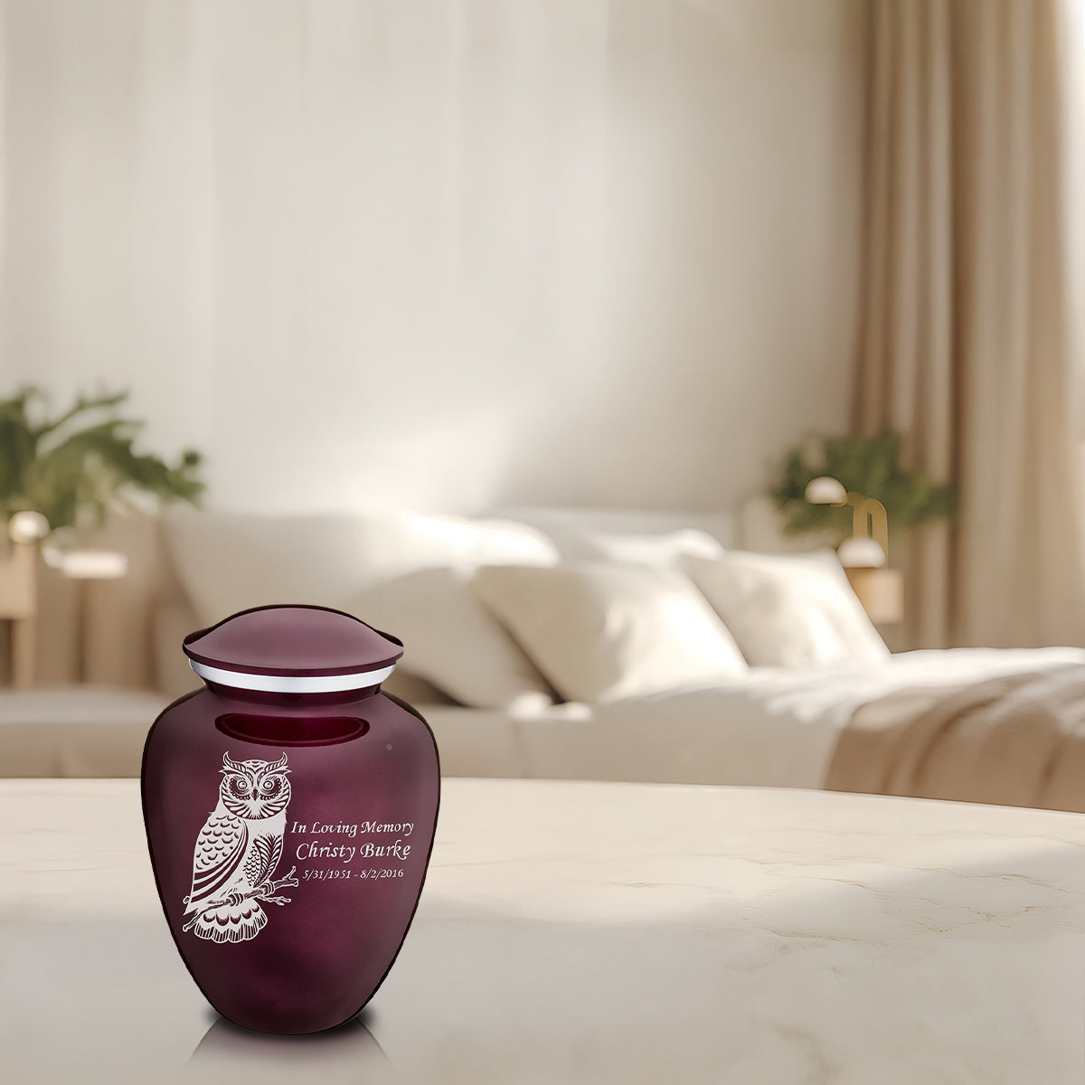 Medium Embrace Cherry Purple Owl Cremation Urn