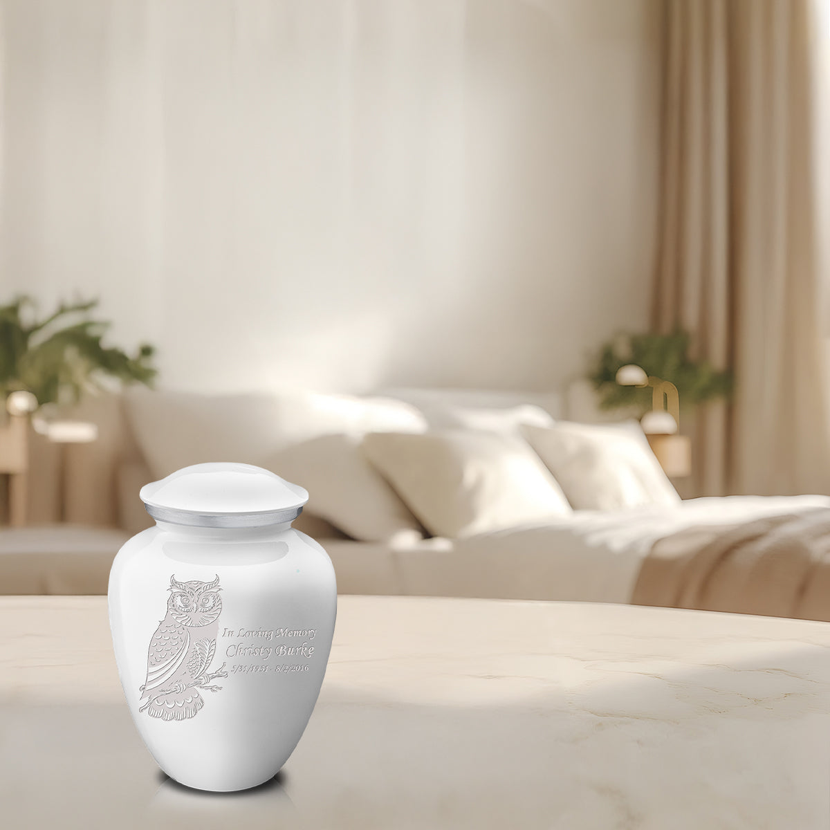 Medium Embrace White Owl Cremation Urn