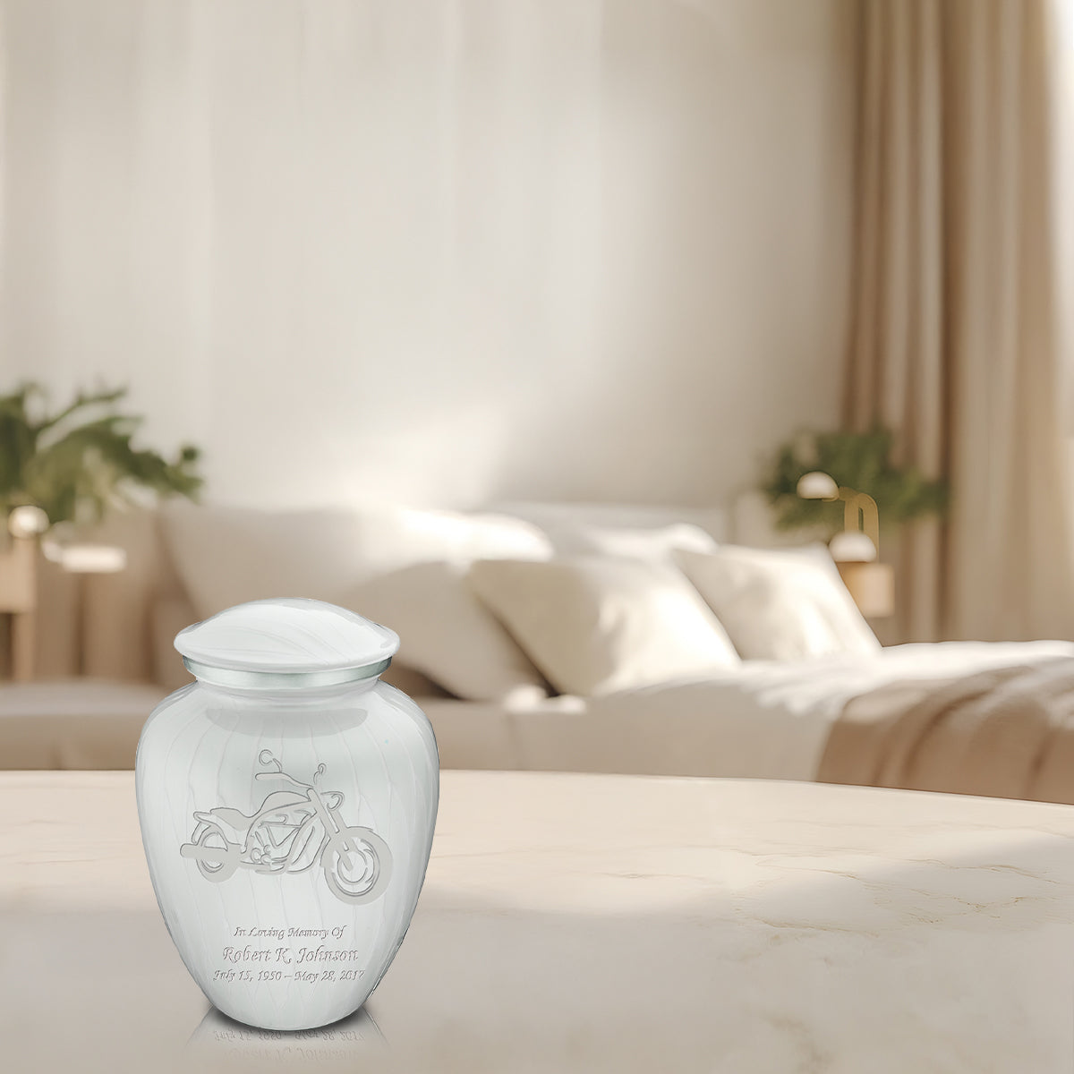 Medium Embrace Pearl White Motorcycle Cremation Urn