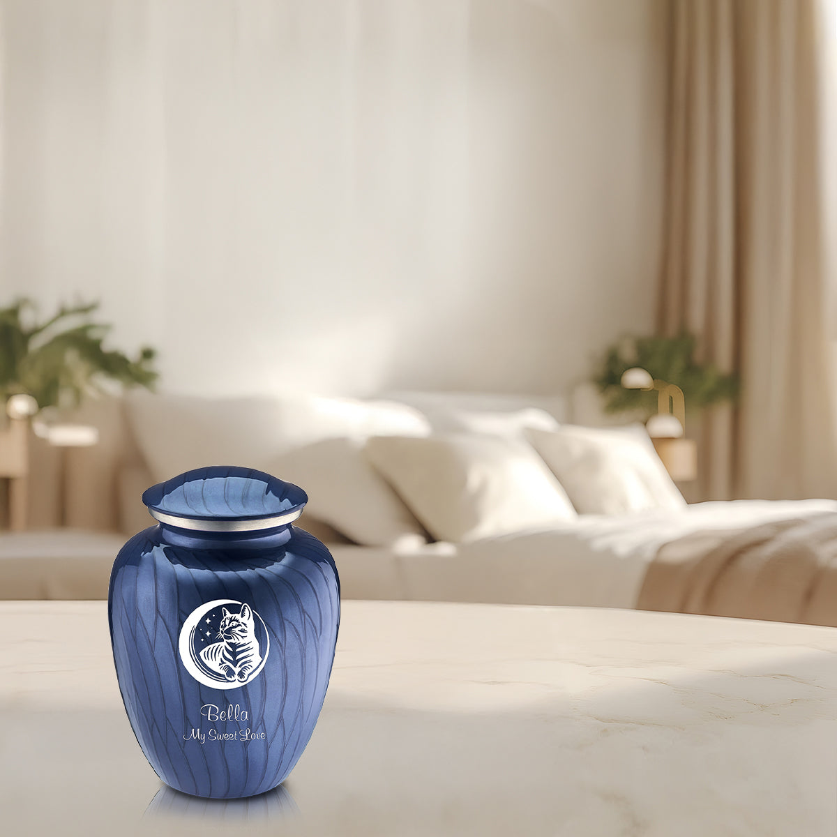 Medium Embrace Pearl Cobalt Blue Pet Cute Cat Cremation Urn