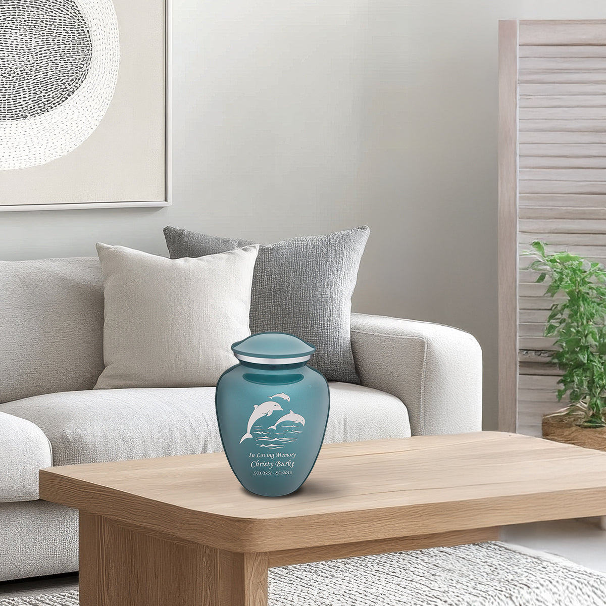 Medium Embrace Teal Dolphins Cremation Urn