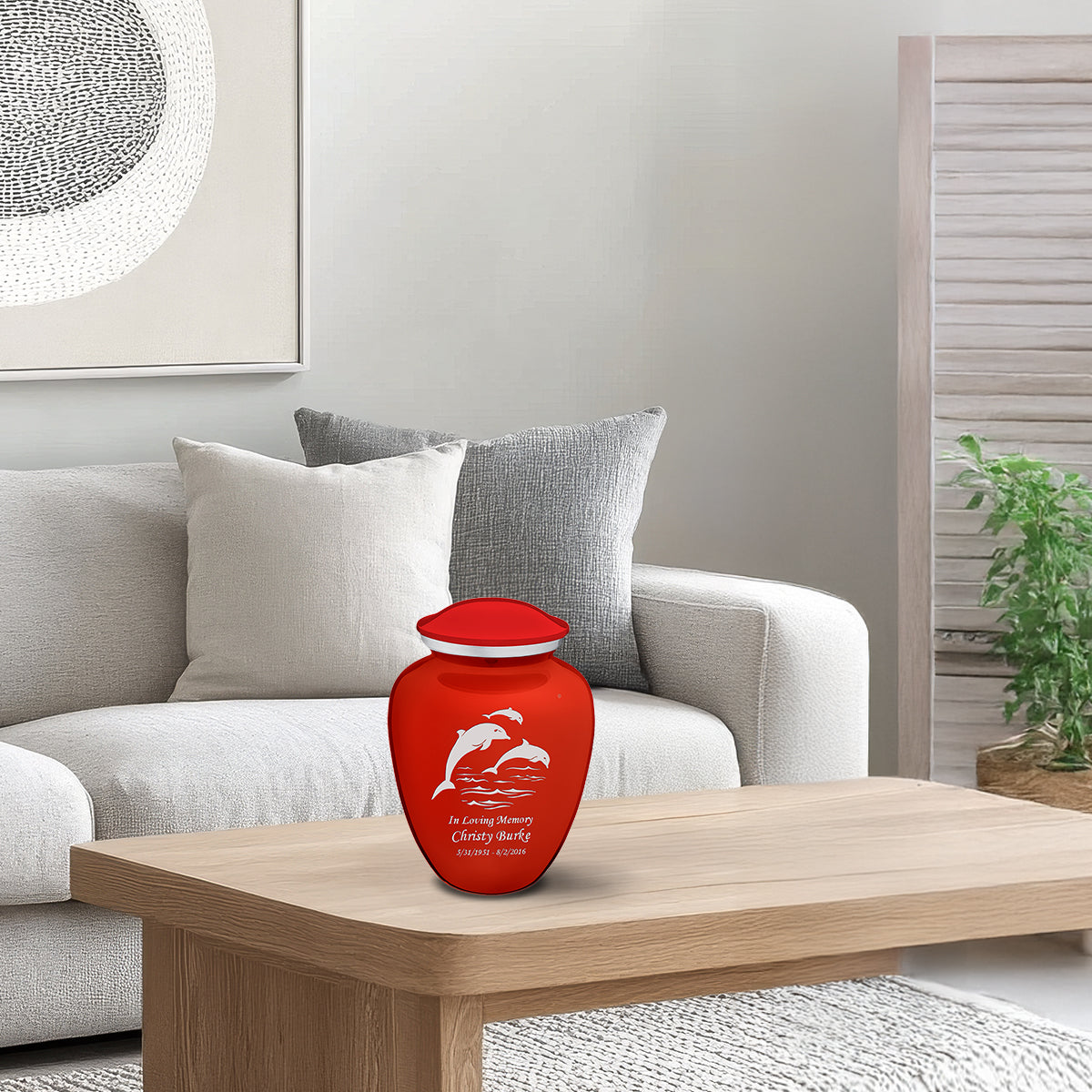 Medium Embrace Bright Red Dolphins Cremation Urn