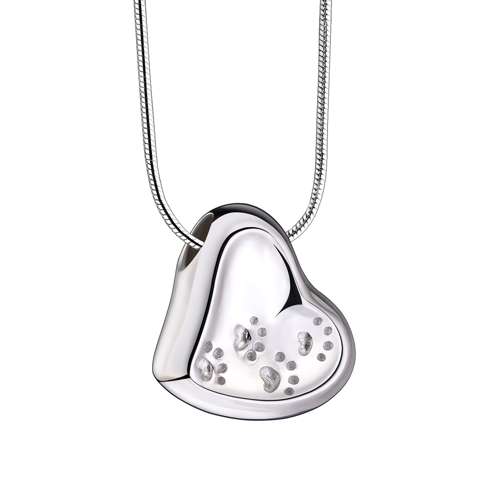 Leaning Heart with Paw Prints Two Tone Rhodium Plated Sterling Silver Cremation Pendant
