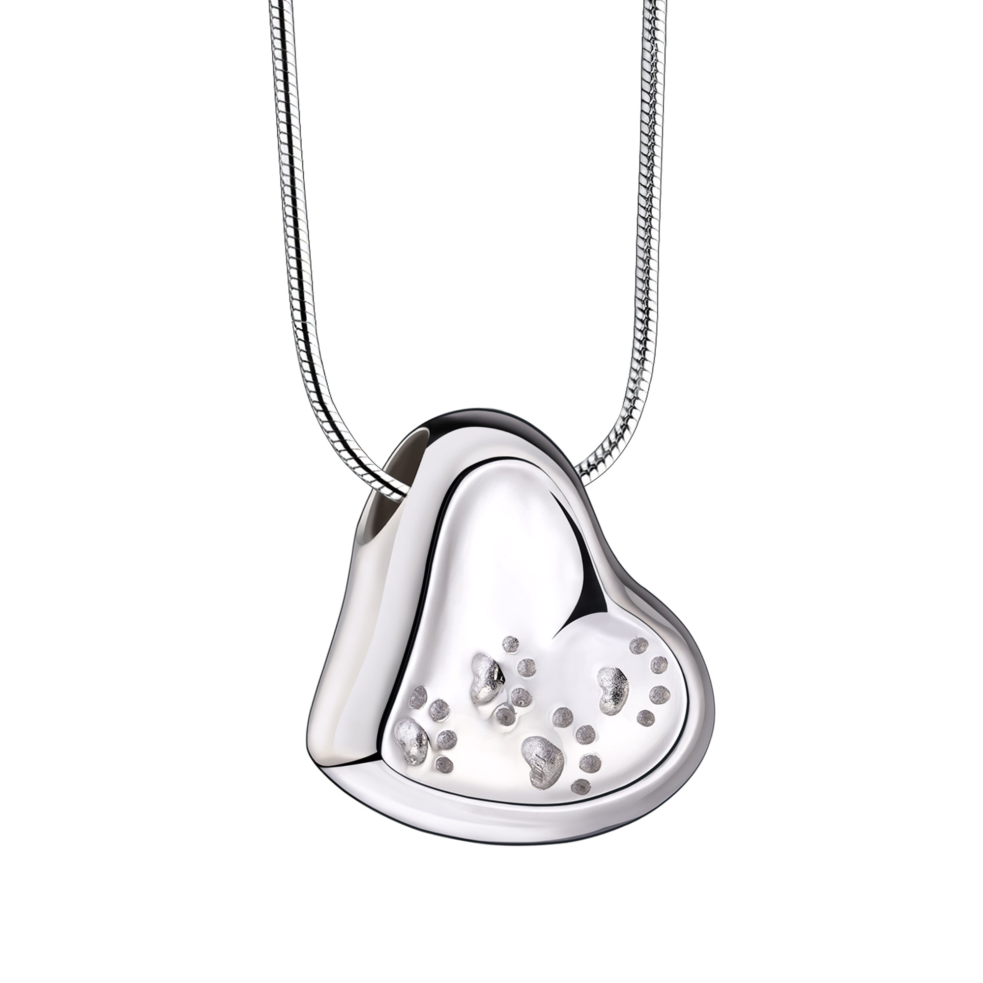Leaning Heart with Paw Prints Two Tone Rhodium Plated Sterling Silver Cremation Pendant