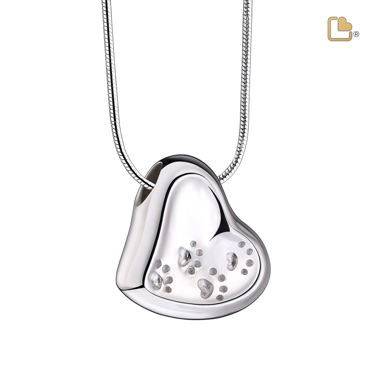 Leaning Heart with Paw Prints Two Tone Rhodium Plated Sterling Silver Cremation Pendant