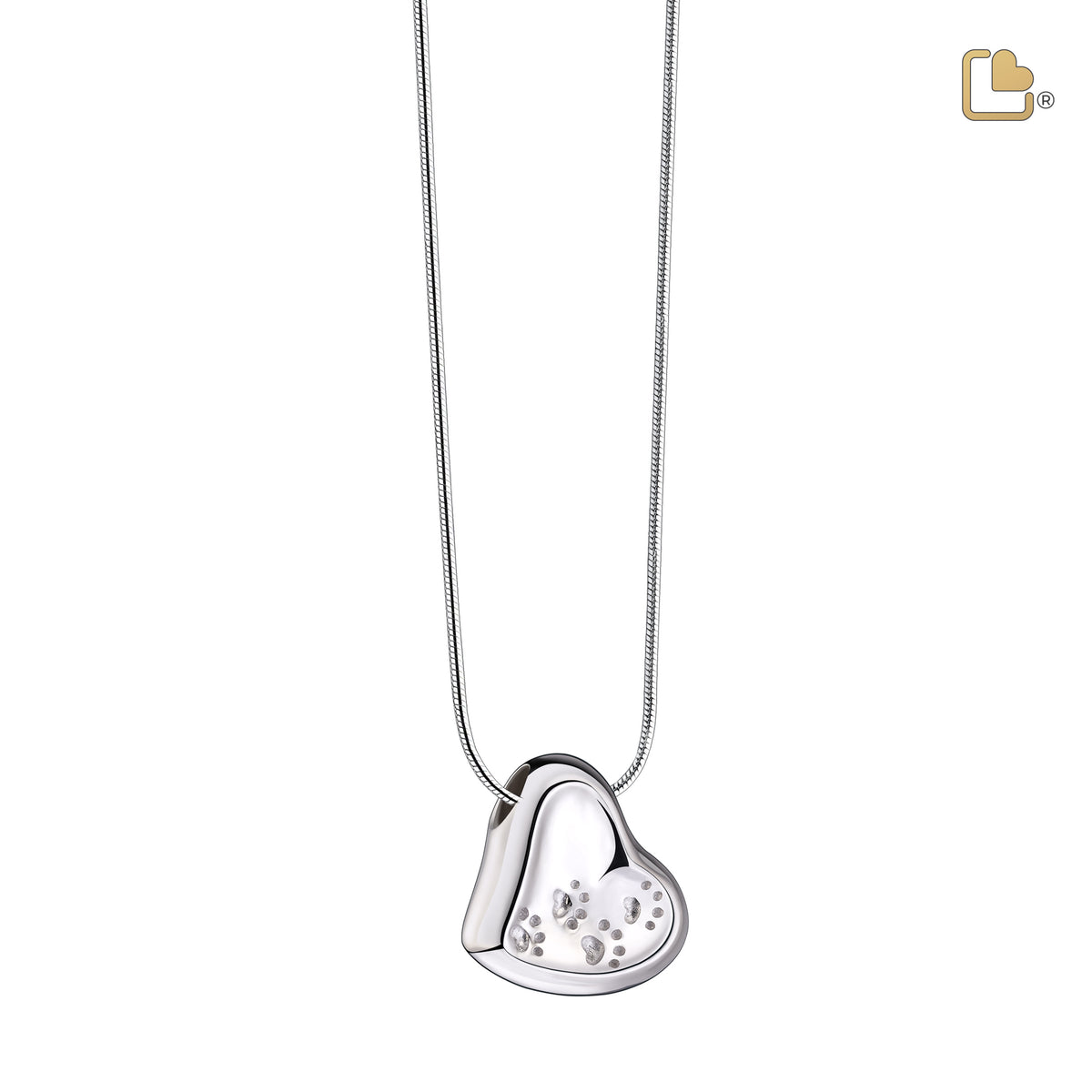 Leaning Heart with Paw Prints Two Tone Rhodium Plated Sterling Silver Cremation Pendant