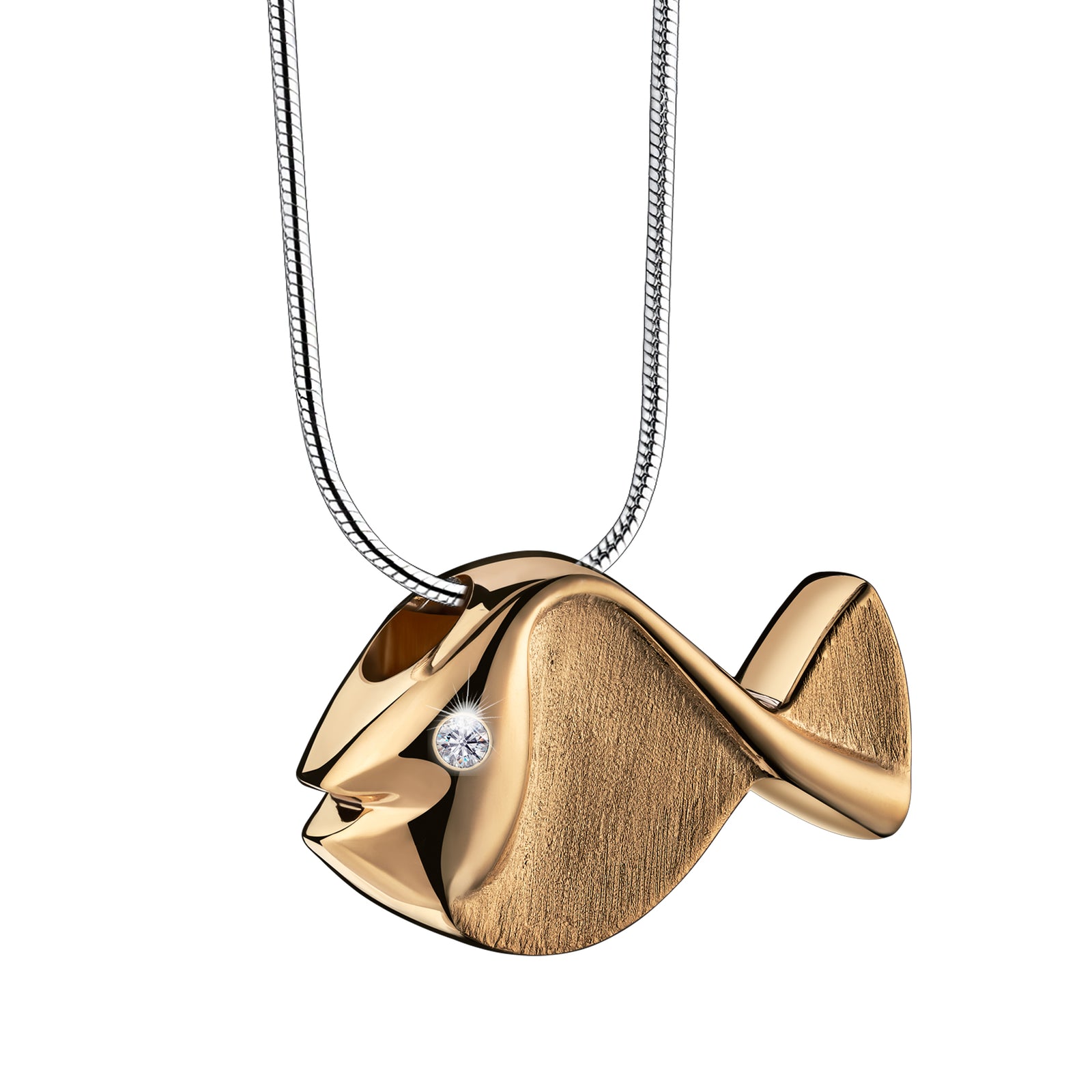 Fish with Clear Crystal Gold Vermeil Two Tone Sterling Silver Cremation Pendant