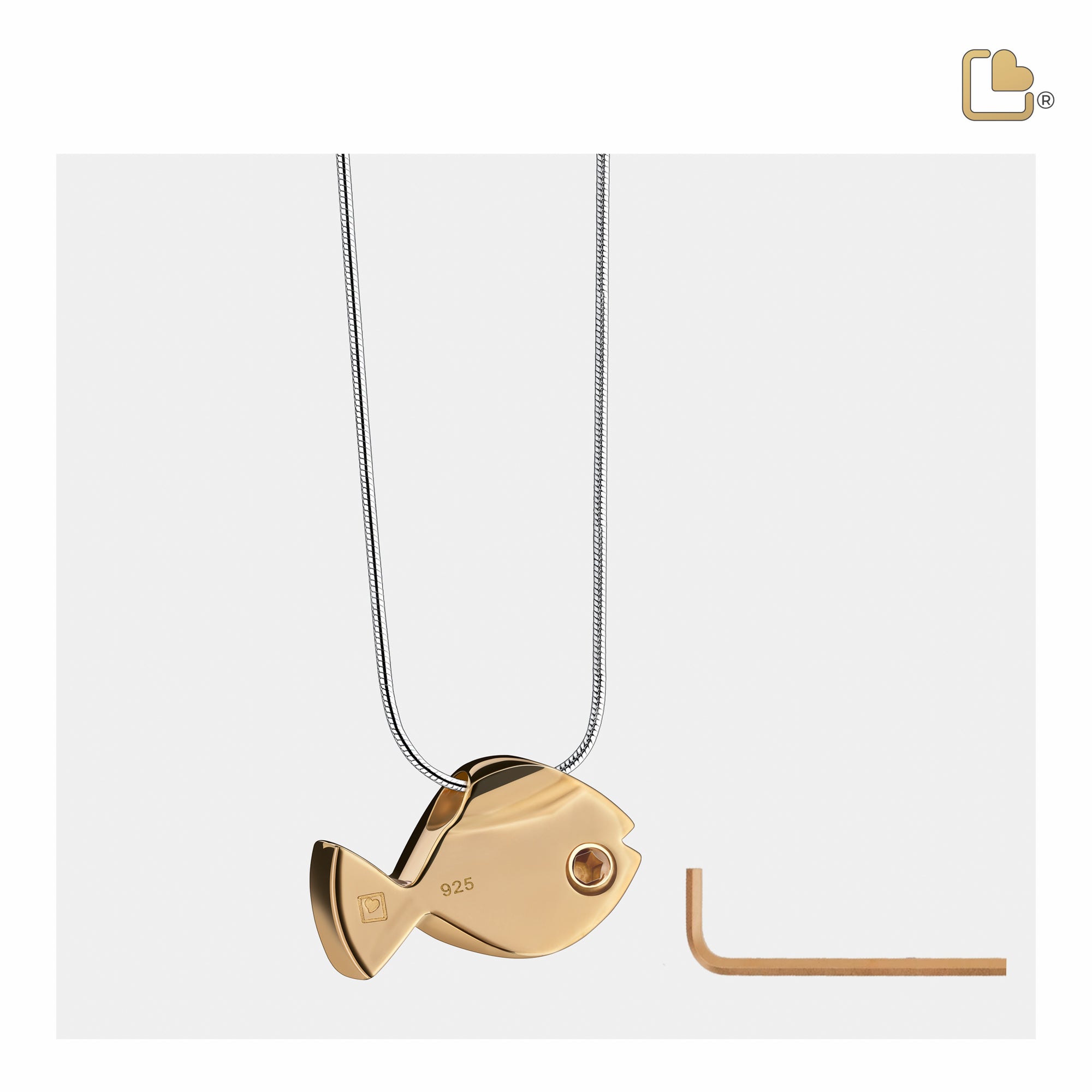 Fish with Clear Crystal Gold Vermeil Two Tone Sterling Silver Cremation Pendant