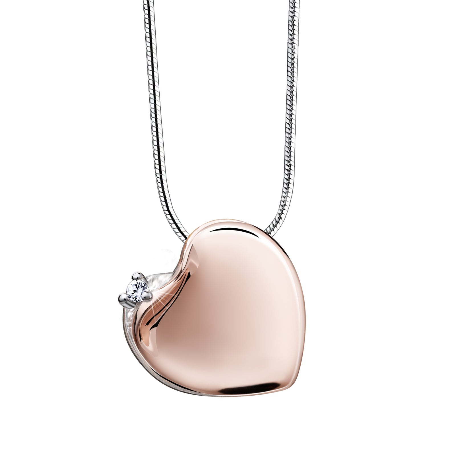 Leaning Heart with Crystal Rose Gold Sterling Silver Cremation Pendant