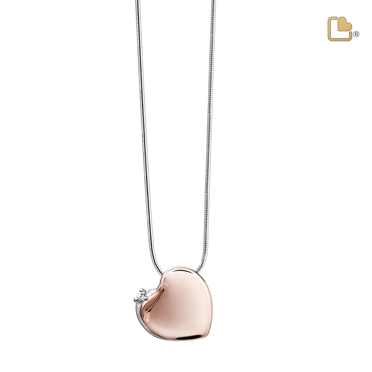 Leaning Heart with Crystal Rose Gold Sterling Silver Cremation Pendant