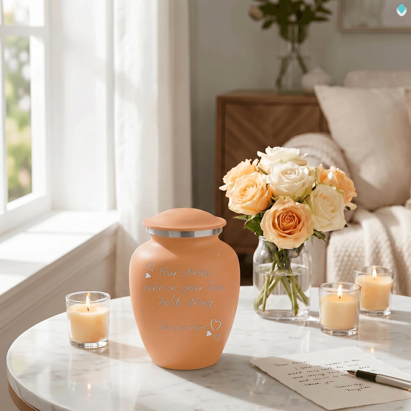 Medium Embrace Beige Handwritten Cremation Urn