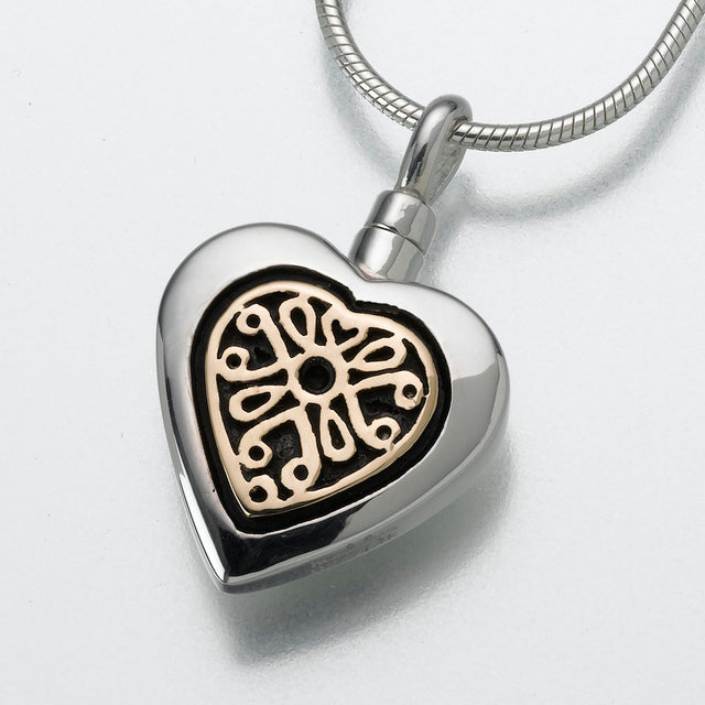 Sterling Silver Heart Pendant with 14K Gold Insert Cremation Jewelry
