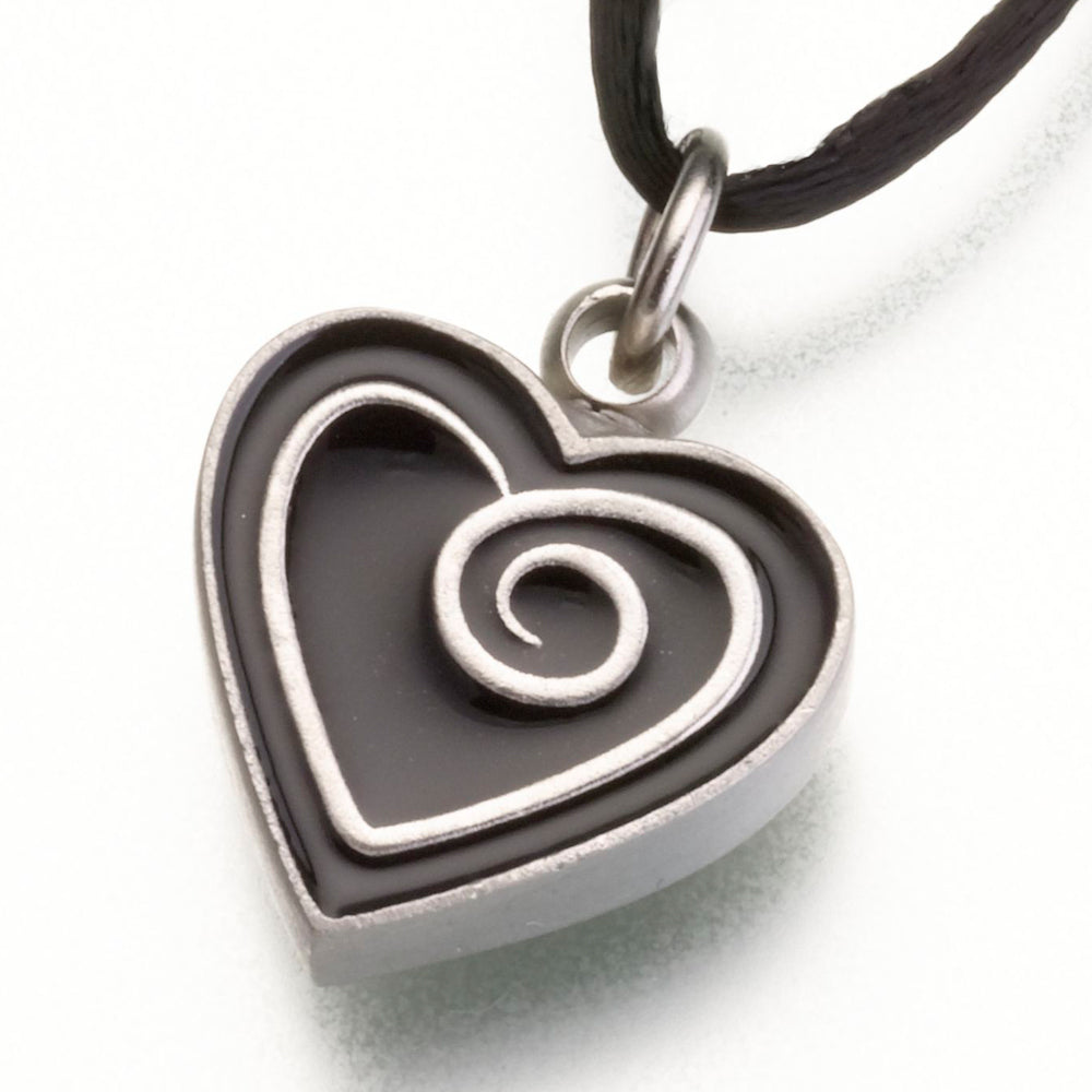 Pewter Heart Pendant w/ Black Enamel Spiral Cremation Jewelry