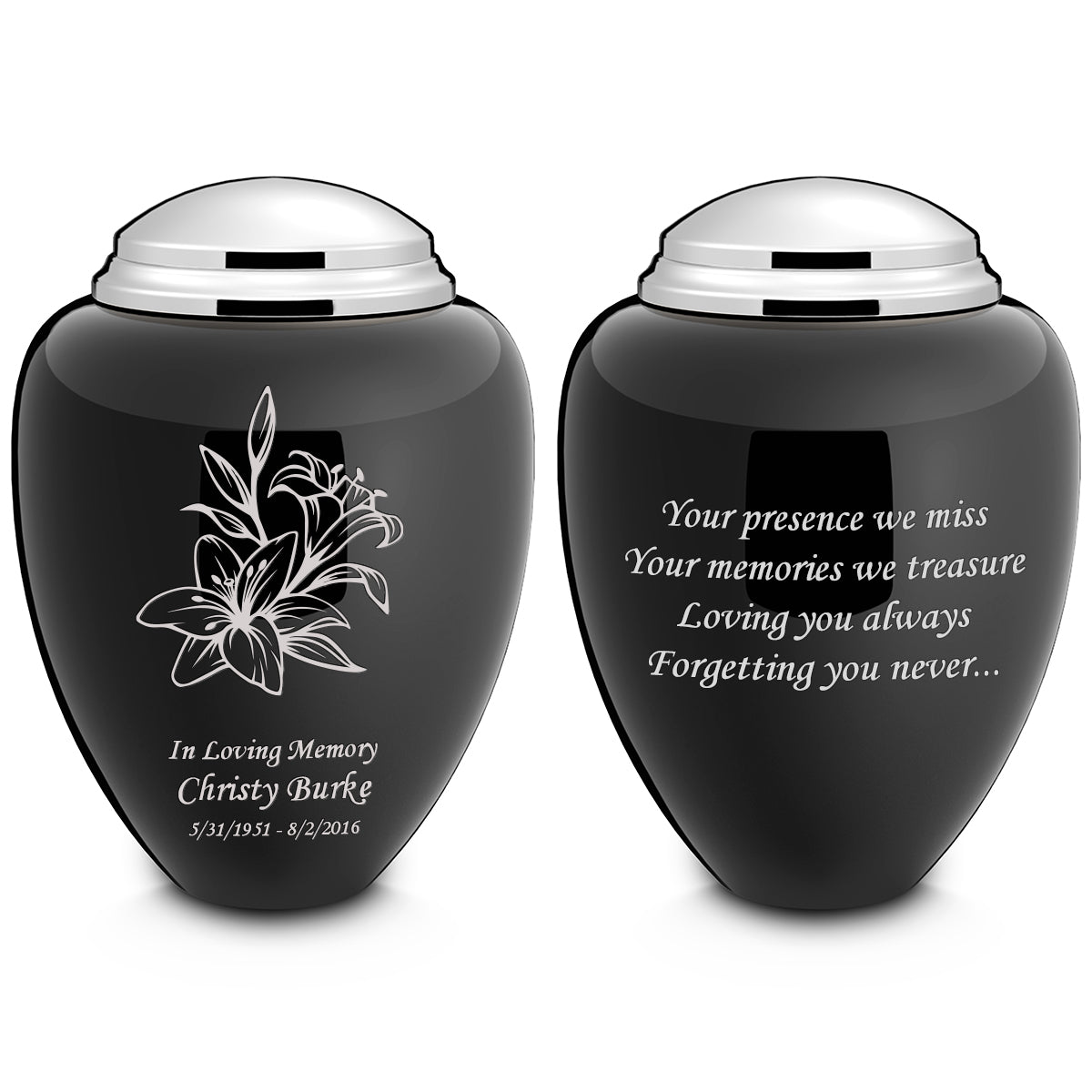 Adult Tribute Black & Shiny Pewter Lily Cremation Urn